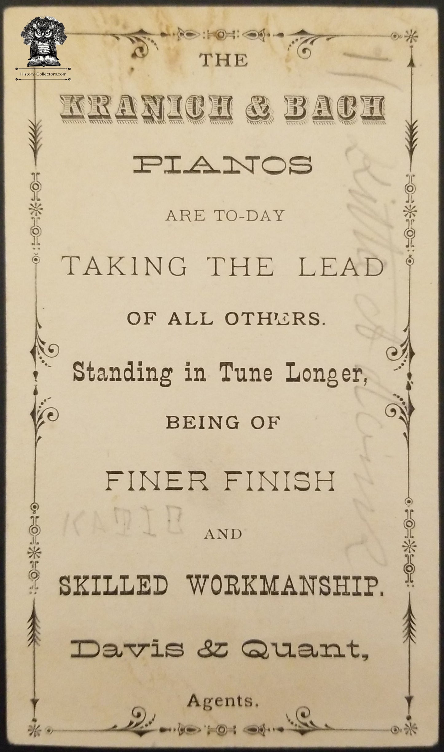 1800s Davis & Quant Trade Card Kranich & Bach Pianos - Johnstown Gloversville NY