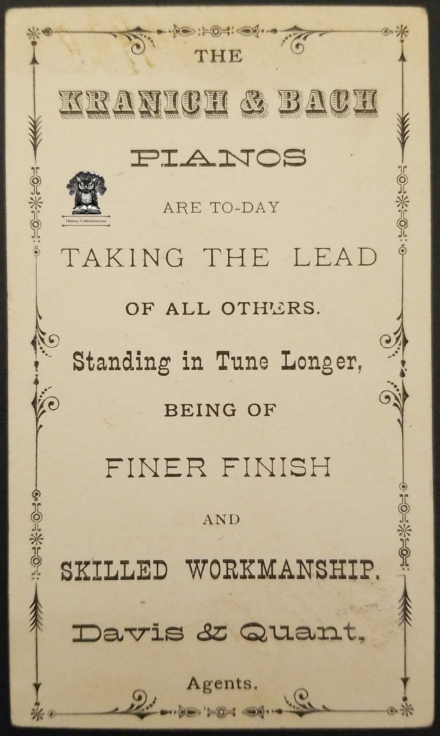 1800s Davis & Quant Trade Card Kranich & Bach Pianos - Johnstown Gloversville NY