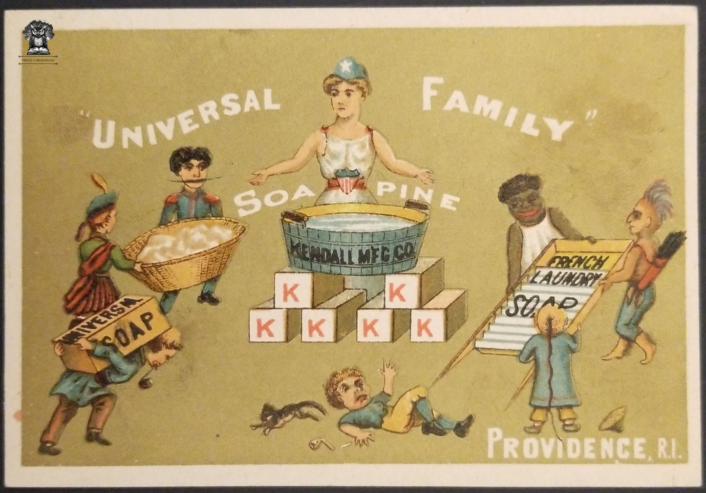 1800s Kendall MFG Trade Card Providence RI - Charlotte Perkins Gilman Illustration Lady Liberty USA Melting Pot