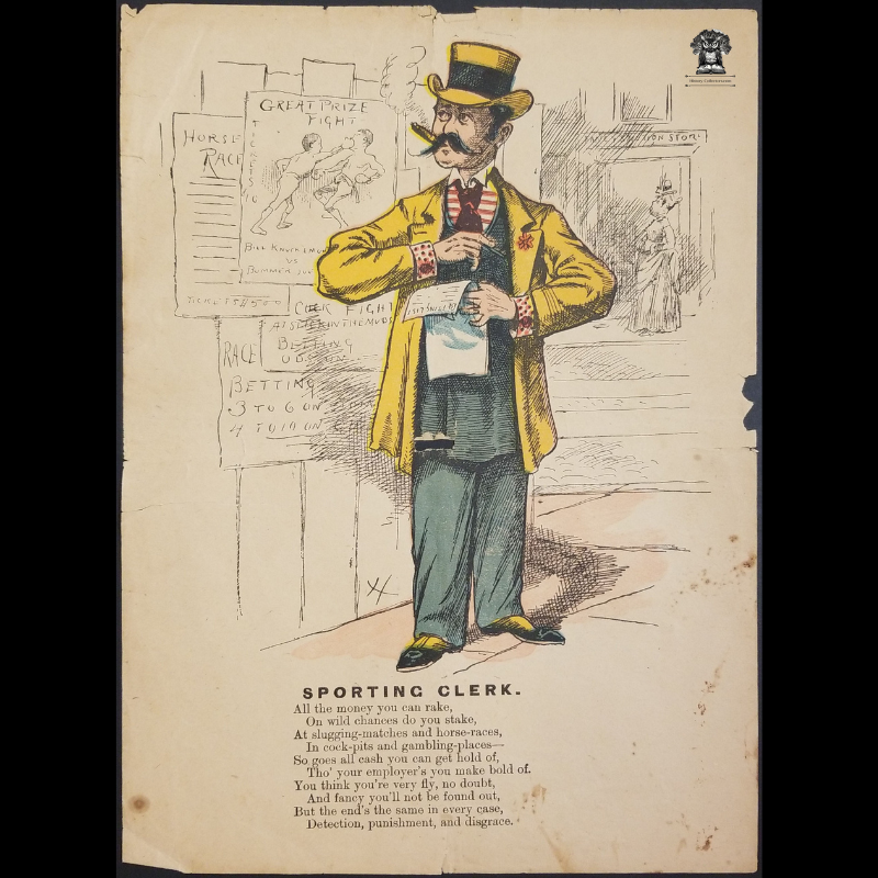 1800s Sporting Clerk Penny Dreadful Broadside Ballad Vinegar Valentine - Woodblock Engraving Comic Caricature Illustration Print - Hand Colored - Boxing Fight Event - Horse Racing - Professional Gambler - Sports Betting - Comedy Satire Poem
