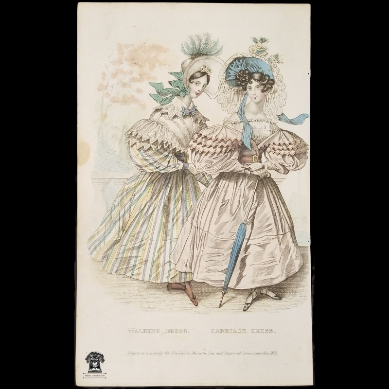 1831 Fashion Plate Print - The Ladies Museum Publication Illustration - Walking Dress - Carriage Dress - London England - Hand Colored - French Fashion - Localization Marketing