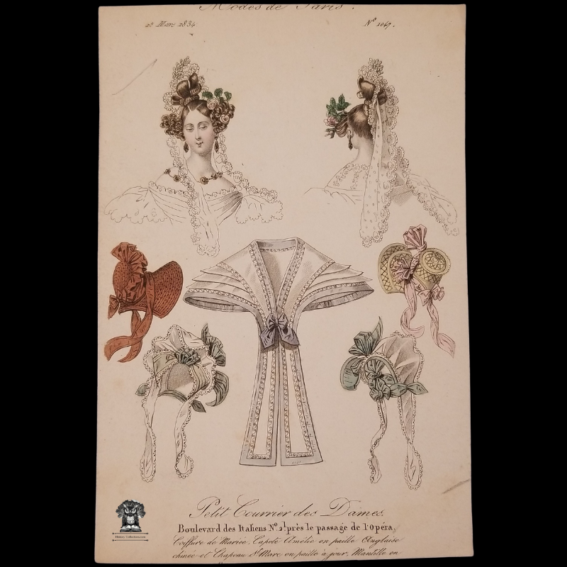 1834 Fashions Of Paris Plate Print - Bridal Hairstyles - Amelie Bonnets - Petit Courrier des Dames Fashion Publication Advertisement Illustration - Italian Boulevard No. 2, Near The Opera Arcade - Modes de Paris - Little Ladies' Messenger