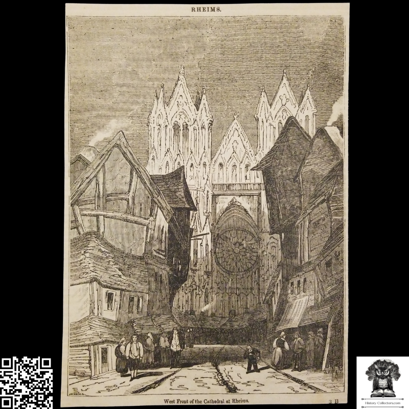 1834 Notre-Dame de Reims Cathedral France Engraving Illustration Print - Jackson Engraver - Ready For Framing