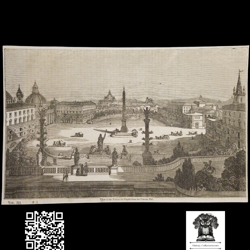 1834 Piazza Del Popolo From Pincian Hill Engraving Illustration Print - Rome Italy - Latin Populo - Flaminio Obelisk - Santa Maria Dei Miracoli - Santa Maria In Montesanto - Ready For Framing - Neoclassical