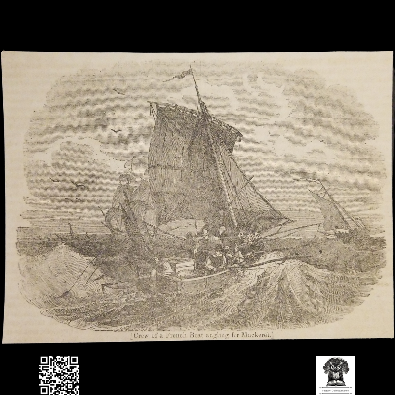 1837 French Boat Crew Angling For Mackerel Engraving Illustration Print - Maritime Economic History - Ready For Framing