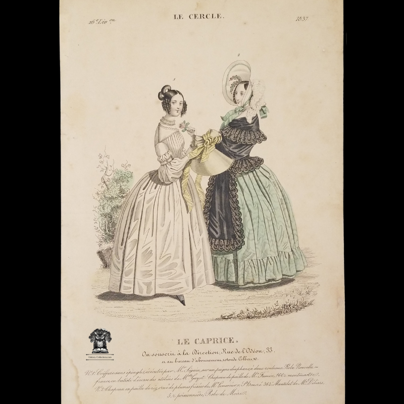 1837 French Fashion Plate Print - The Whim The Fancy Publication Illustration - Hand Colored