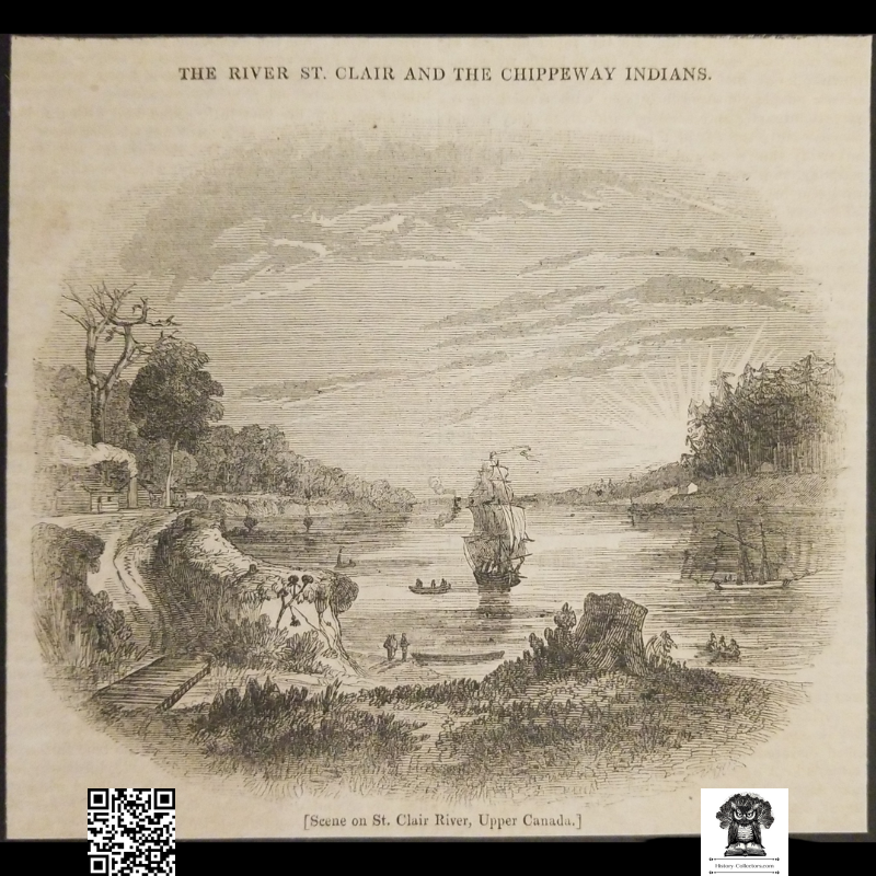 1837 The River St. Clair And The Chippeway Indians Engraving Illustration Print - Chippewa Ojibwe Natives - Canada - Colonial Britain - Ready For Framing