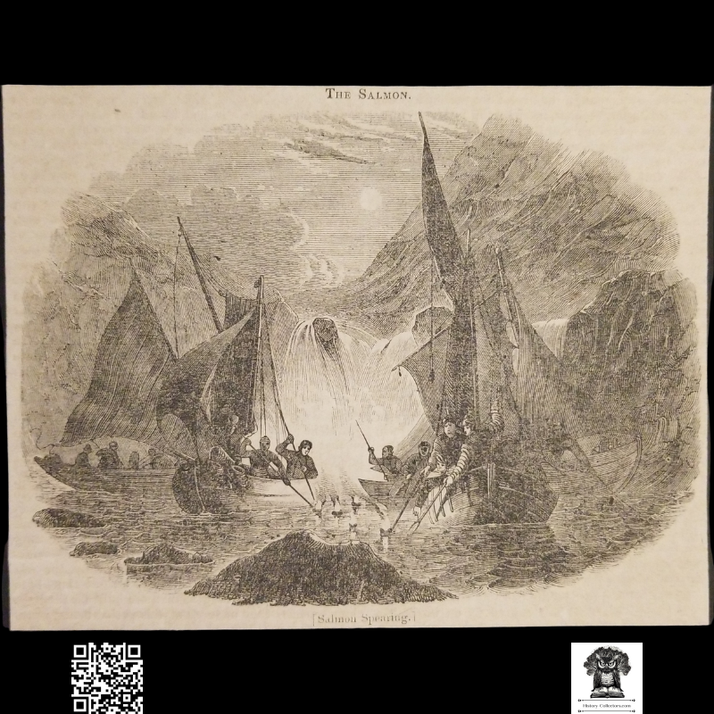 1837 Traditional Fishermen Salmon Spearing Engraving Illustration Print - Europe - Ready For Framing