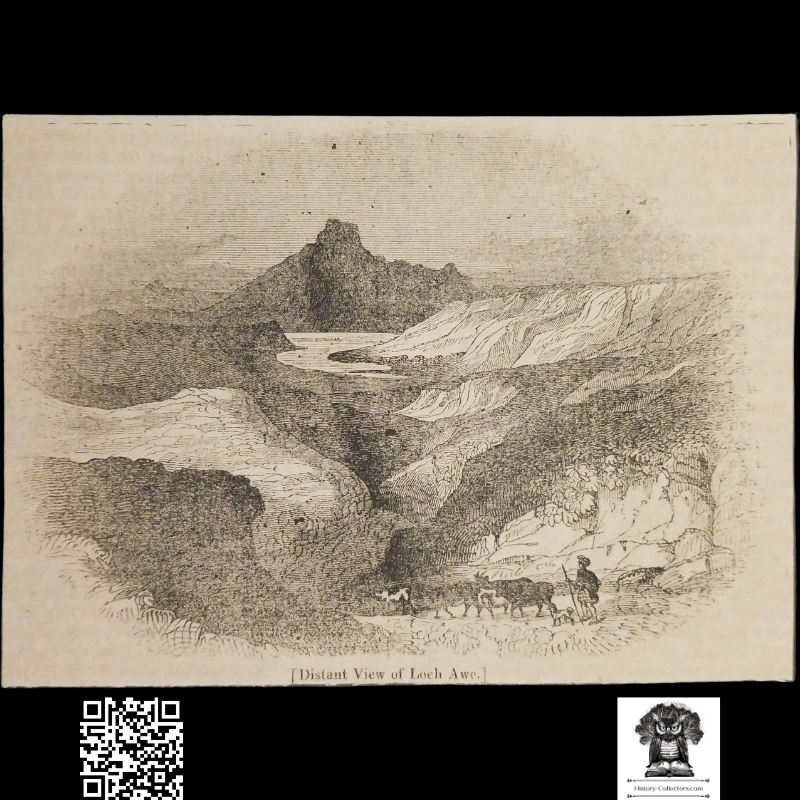 1837 Distant View Of Loch Awe Engraving Illustration Print - Argyll Bute Scotland - Shepherd Livestock - Ready For Framing