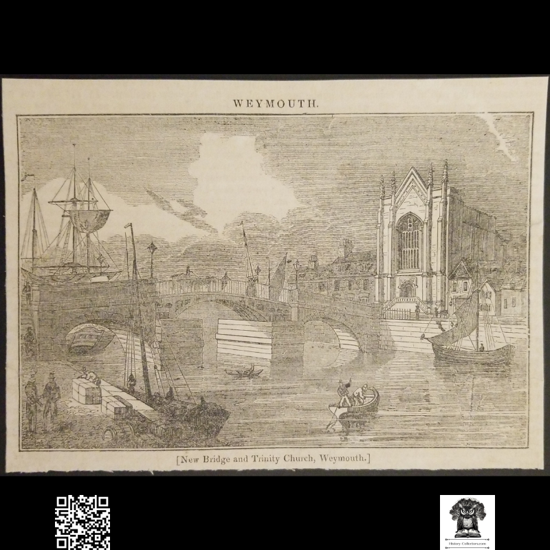 1837 Weymouth New Bridge And Trinity Church Dorset England Engraving Illustration Print - Ready For Framing