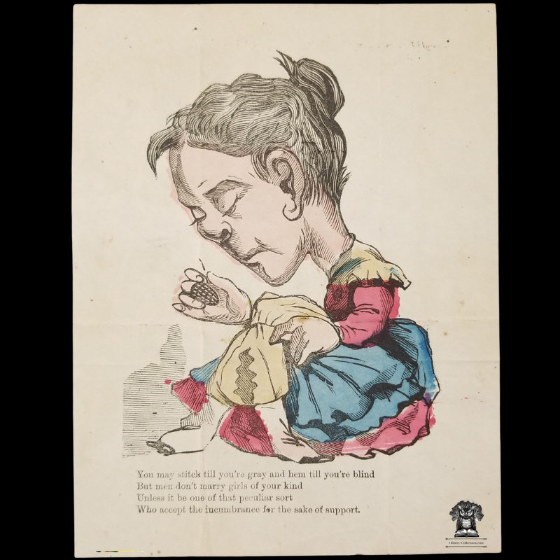 1866 Women's Suffrage Sewing Seamstress - Penny Dreadful Broadside Ballad Vinegar Valentine - Altoona Blair Co PA - Woodblock Engraving Comic Caricature Illustration Print - Hand Colored - Comedy Satire Poem