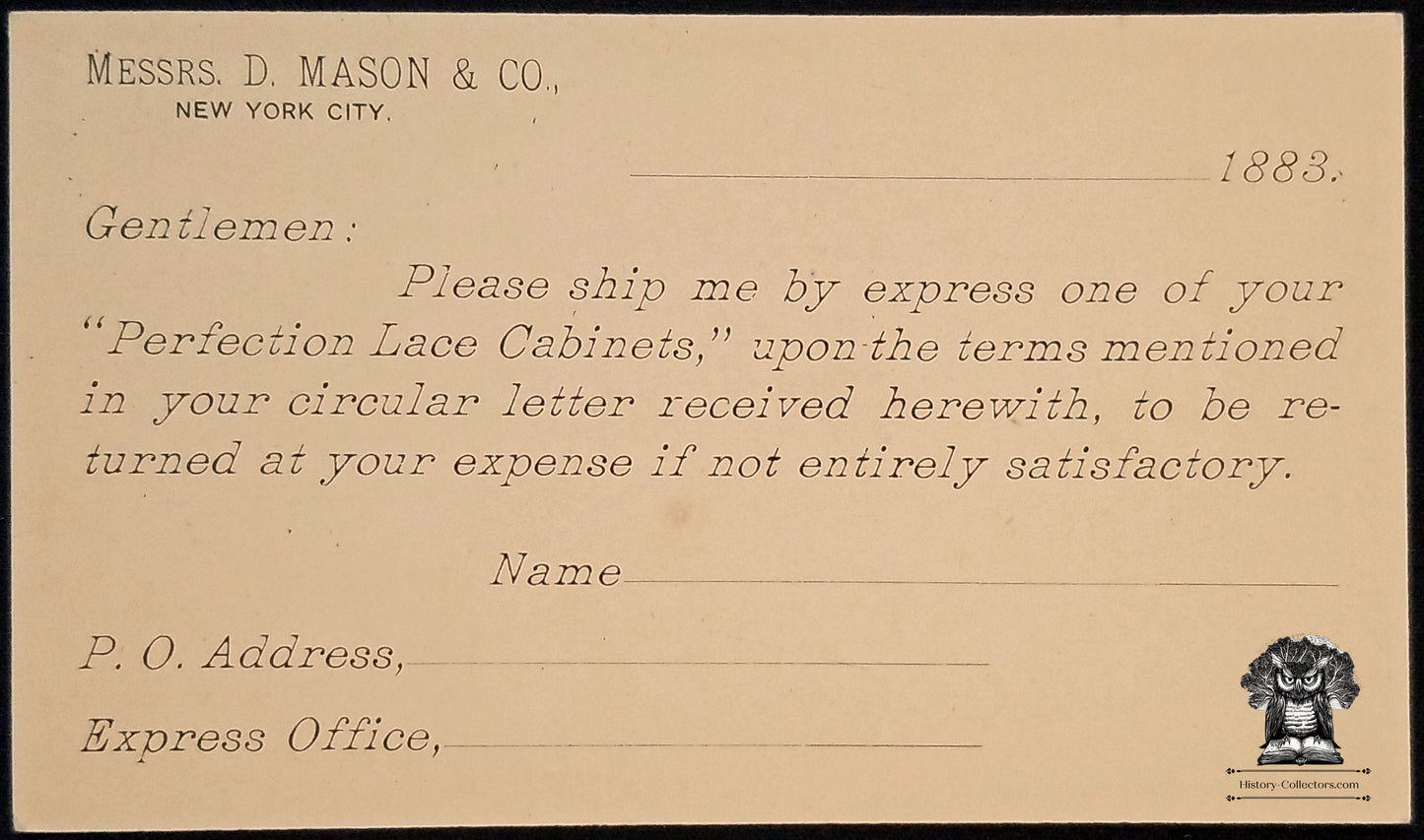 1883 D Mason & Co Advertising Perfection Lace Cabinets Order Form Postcard - 1179 Broadway New York City - One Cent Liberty Postal Card - Scott UX7