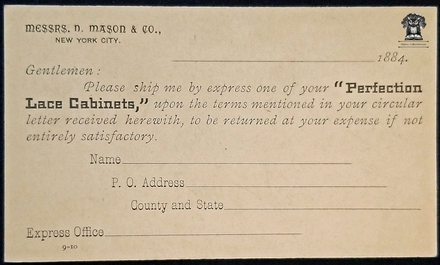 1884 D Mason & Co Advertising Perfection Lace Cabinets Order Form Postcard - 1179 Broadway New York City - One Cent Liberty Postal Card - Scott UX7