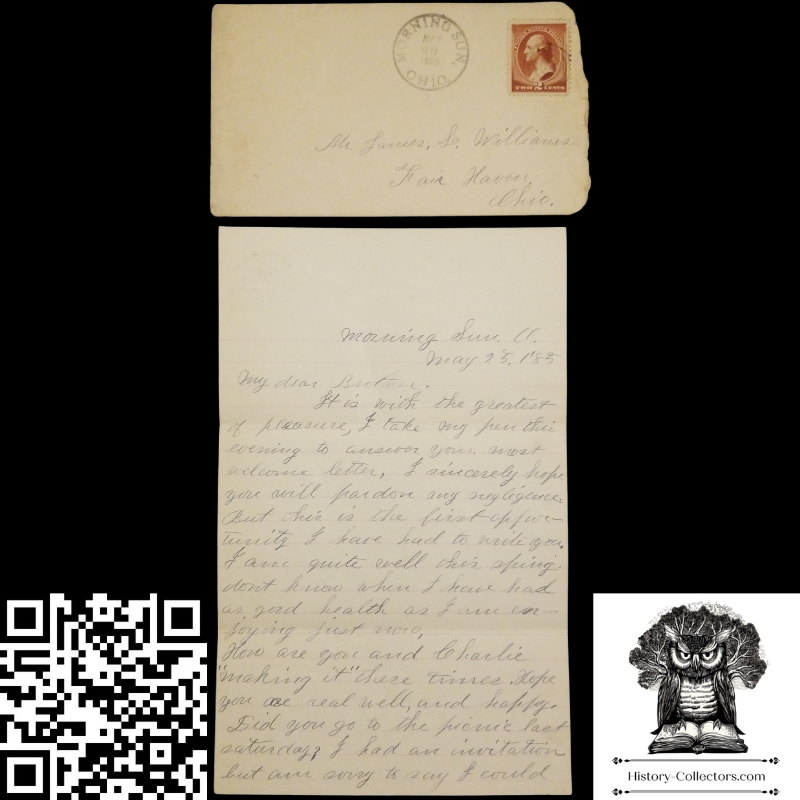 1885 Brother Sister Personal Correspondence Letter - James Williams - Fair Haven Preble County Ohio - Morning Sun Postal Cancel May 88 - # 210 1883 2c Washington Red Brown Stamp - A.H. Bartel Richmond Indiana Embossed Stationary