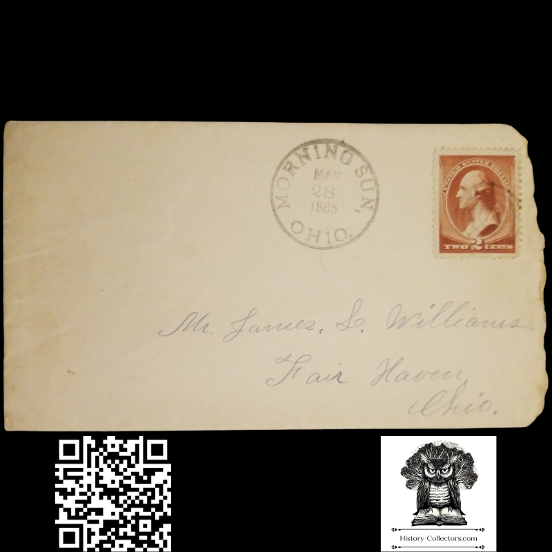 1885 Brother Sister Personal Correspondence Letter - James Williams - Fair Haven Preble County Ohio - Morning Sun Postal Cancel May 88 - # 210 1883 2c Washington Red Brown Stamp - A.H. Bartel Richmond Indiana Embossed Stationary