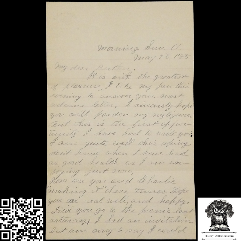 1885 Brother Sister Personal Correspondence Letter - James Williams - Fair Haven Preble County Ohio - Morning Sun Postal Cancel May 88 - # 210 1883 2c Washington Red Brown Stamp - A.H. Bartel Richmond Indiana Embossed Stationary