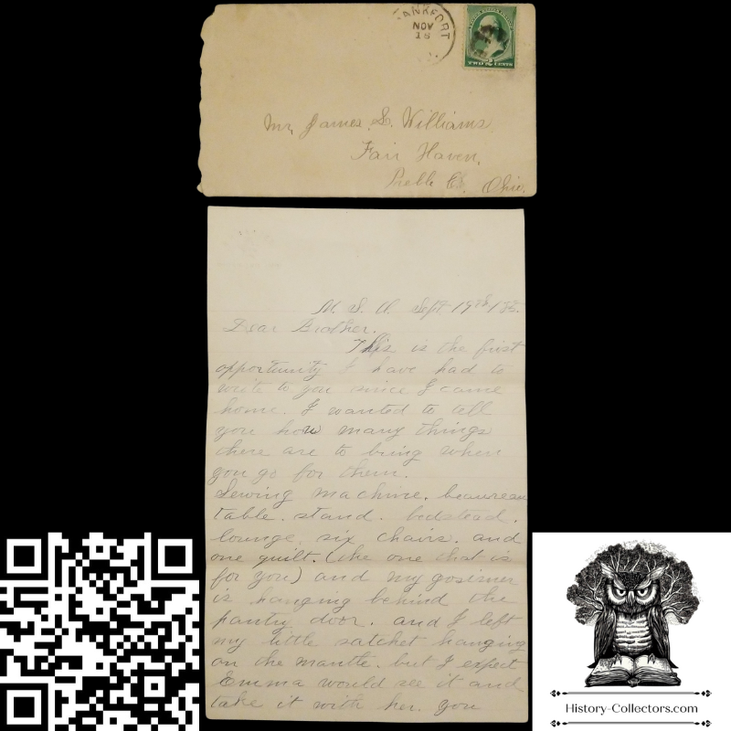 1885 Brother Sister Personal Correspondence Letter - James Williams - Fair Haven Preble County Ohio - Frankfort Postal Cancel November 18 - # 213 1887 2c Washington Green Stamp - A.H. Bartel Richmond Indiana Embossed Stationary