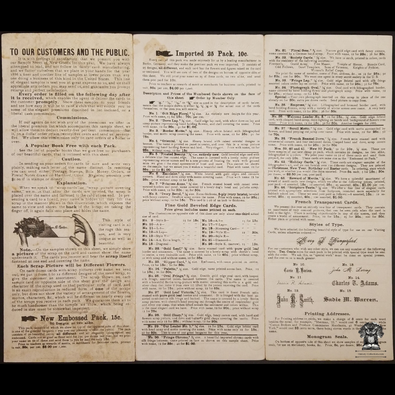 1886 Victorian Calling Card Direct Sales Example Brochure - Connecticut Steam Card Works - Hartford CT - Antique Marketing Graphic Design - Embossed - Gilded Age Upper High Class