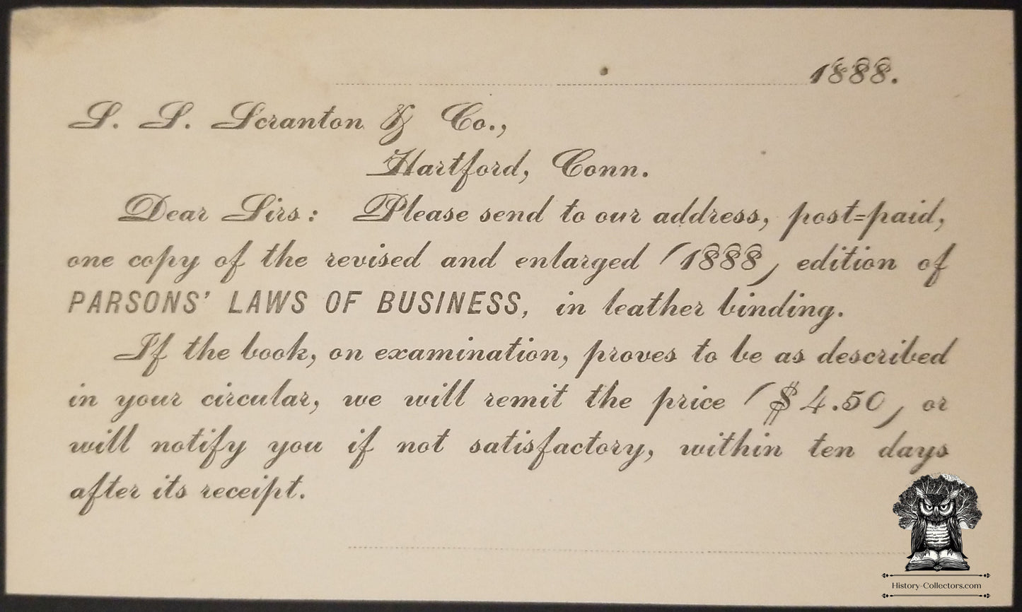 1888 SS Scranton Parsons Laws of Business Advertising Postcard - Hartford CT - One Cent Jefferson Postal Card - Scott UX9
