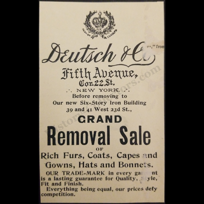 1894 Deutsch & Company Print Advertisement Clipping - Fifth Avenue And 22nd Street New York - 39 And 41 West 23rd Street New York - Fashion Fur Retailer - Clearance Sale - Gilded Age - Ready For Framing