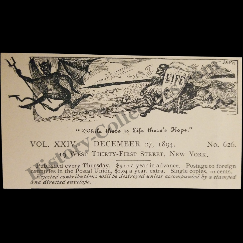 1894 Life Magazine Masthead Illustration Print Clipping - 19 West Thirty-First Street New York - John Ames Mitchell Illustration - Knight With A Shield Fighting A Winged Devil Demon - Gilded Age - Ready For Framing