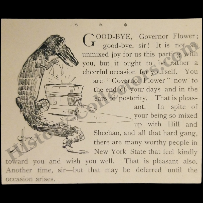 1894 Political Editorial Satirical Illustration Print Clipping - New York Governor Roswell P. Flower - Charles Everett Johnson Illustration - Crocodile Tears - Gilded Age - Ready For Framing