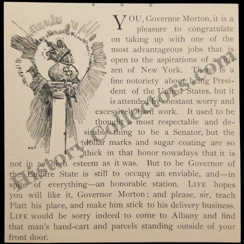1894 Life Magazine Political Editorial Satirical Illustration Print Clipping - New York Governor Levi P. Morton - Gilded Age - Ready For Framing
