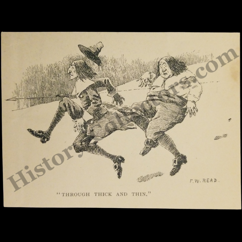 1894 "Through Thick And Thin" Illustration Print Clipping - F.W. Read - Humorous Satire - Pilgrims Shot With Native Arrow - Ready For Framing
