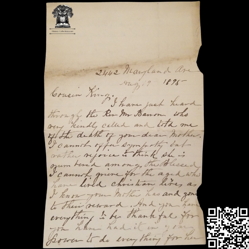 1895 Personal Correspondence Condolence Bereavement Letter - 2442 Maryland Avenue - August 19