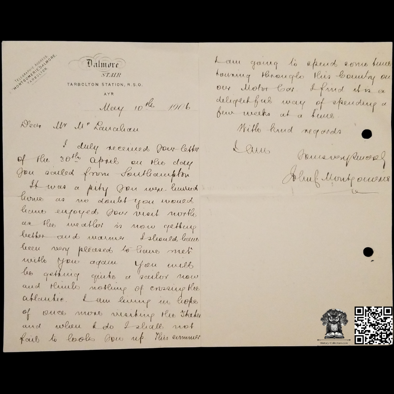 1906 John C Montgomerie Personal Correspondence Letter - Dalmore Estate - Stair - Tarbolton Station - Railway Sub Office - Ayr - South Ayrshire Scotland - May 10
