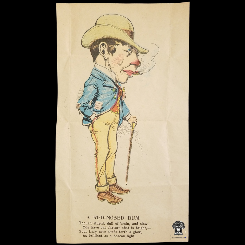 1907 A Red-Nosed Bum Penny Dreadful Broadside Ballad Vinegar Valentine - Scalp Level Cambria County Johnstown Metro PA - Woodblock Engraving Comic Caricature Illustration Print - Hand Colored - Comedy Satire Poem
