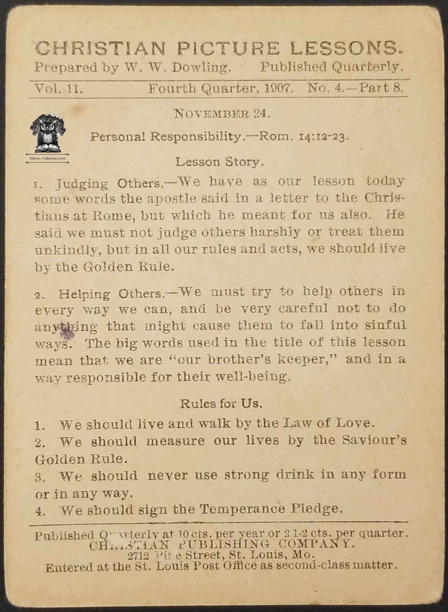 1907 Christian Picture Lesson Card - Bible Bookmark Romans 14:13 Judgement