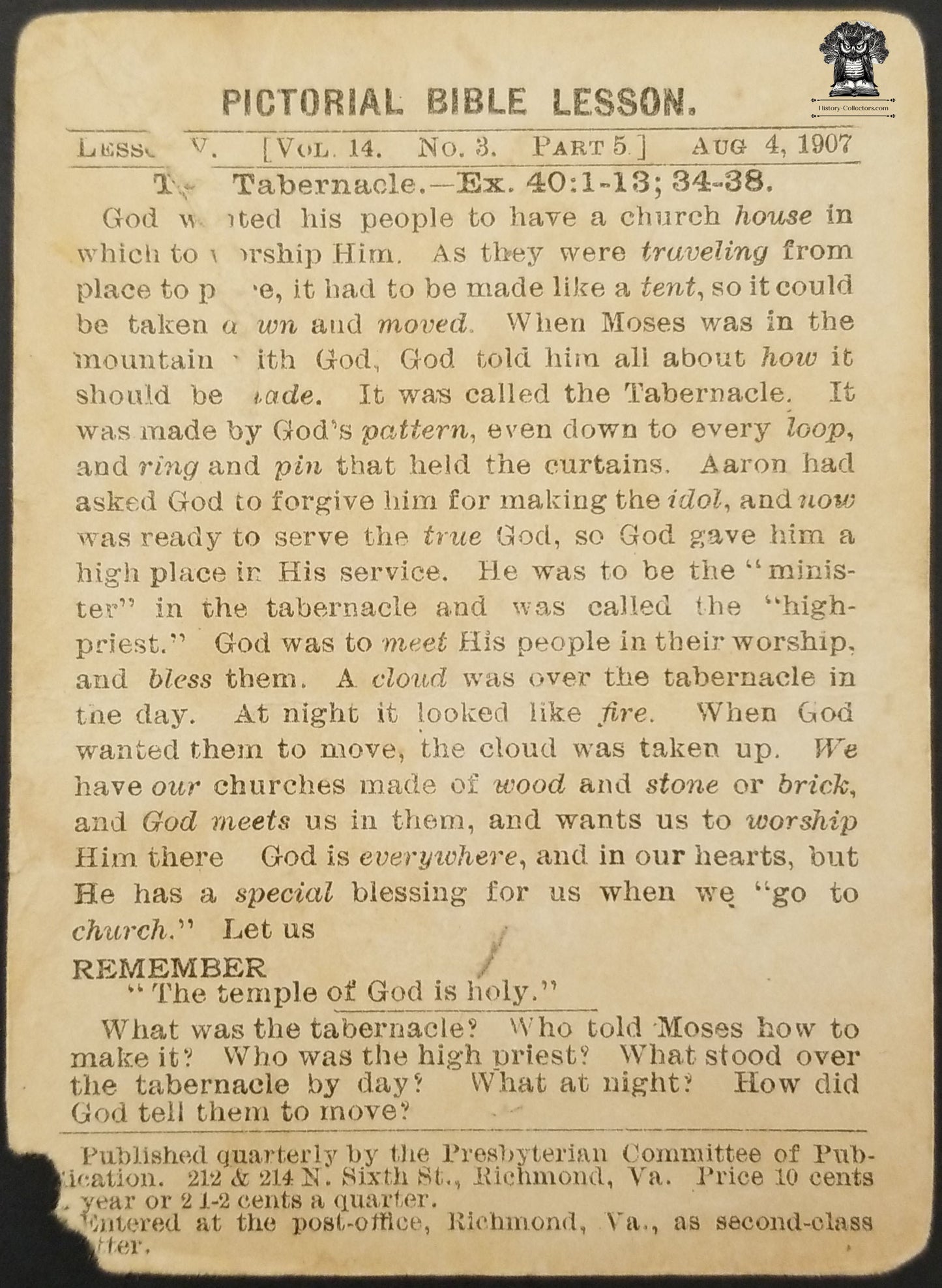 1907 Christian Picture Lesson Card Bible Bookmark Tabernacle Ex. 40:1-13, 34-38