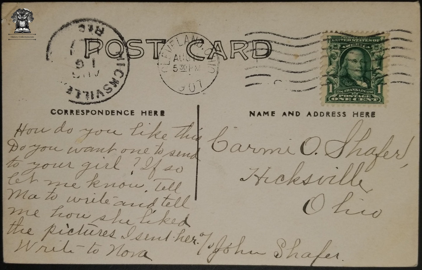 1907 RPPC Picture Postcard - Shafer Family Hicksville OH - Young Man Edwardian Fashion - Postal Cancel Cleveland OH