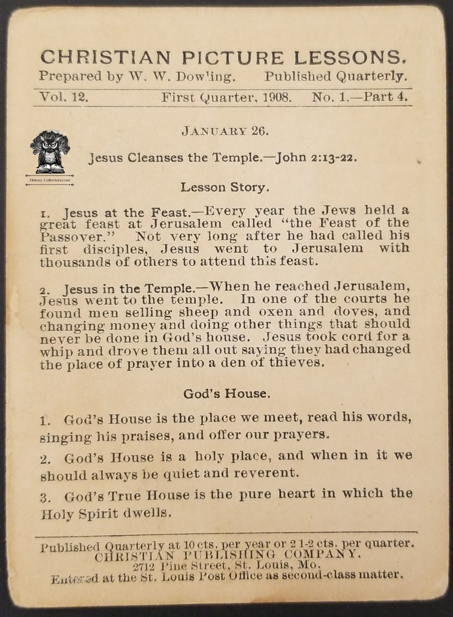 1908 Christian Picture Lesson Card Bible Bookmark - John 2:13-22 Jesus Temple