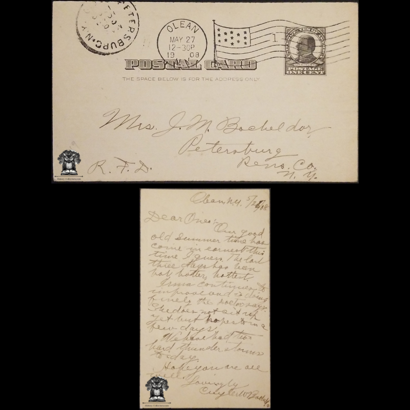 1908 Personal Postal Card - Petersburg Rensselaer County New York - One Cent McKinley Square Black Scott UX19 - Olean Machine Duplex Flag Postal Cancel May 27 Transit Arrival Mark - RFD Rural Free Delivery - Postcard