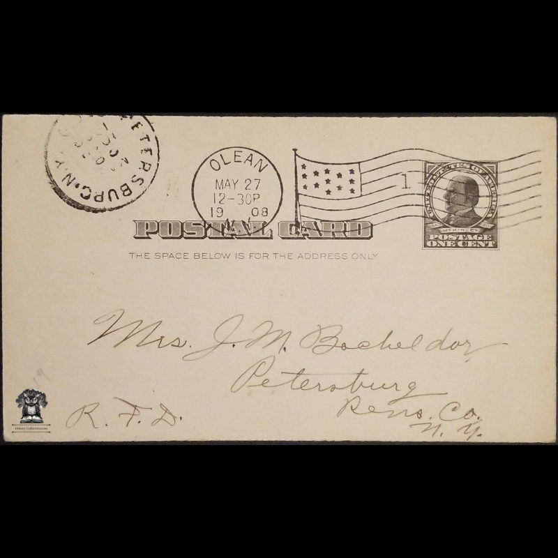 1908 Personal Postal Card - Petersburg Rensselaer County New York - One Cent McKinley Square Black Scott UX19 - Olean Machine Duplex Flag Postal Cancel May 27 Transit Arrival Mark - RFD Rural Free Delivery - Postcard