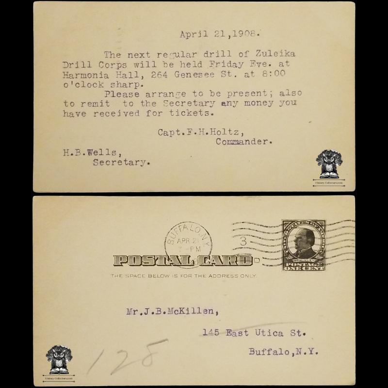 1908 Zuleika Grotto Drill Corps Announcement Postal Card - JB McKillen - 145 E Utica St - Buffalo NY - Harmonia Hall - 264 Genesee St - FH Holtz - HB Wells - One Cent McKinley Black Square Scott UX19 - Duplex Postal Cancel April 21 - Postcard