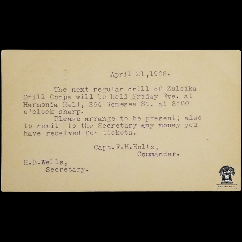 1908 Zuleika Grotto Drill Corps Announcement Postal Card - JB McKillen - 145 E Utica St - Buffalo NY - Harmonia Hall - 264 Genesee St - FH Holtz - HB Wells - One Cent McKinley Black Square Scott UX19 - Duplex Postal Cancel April 21 - Postcard