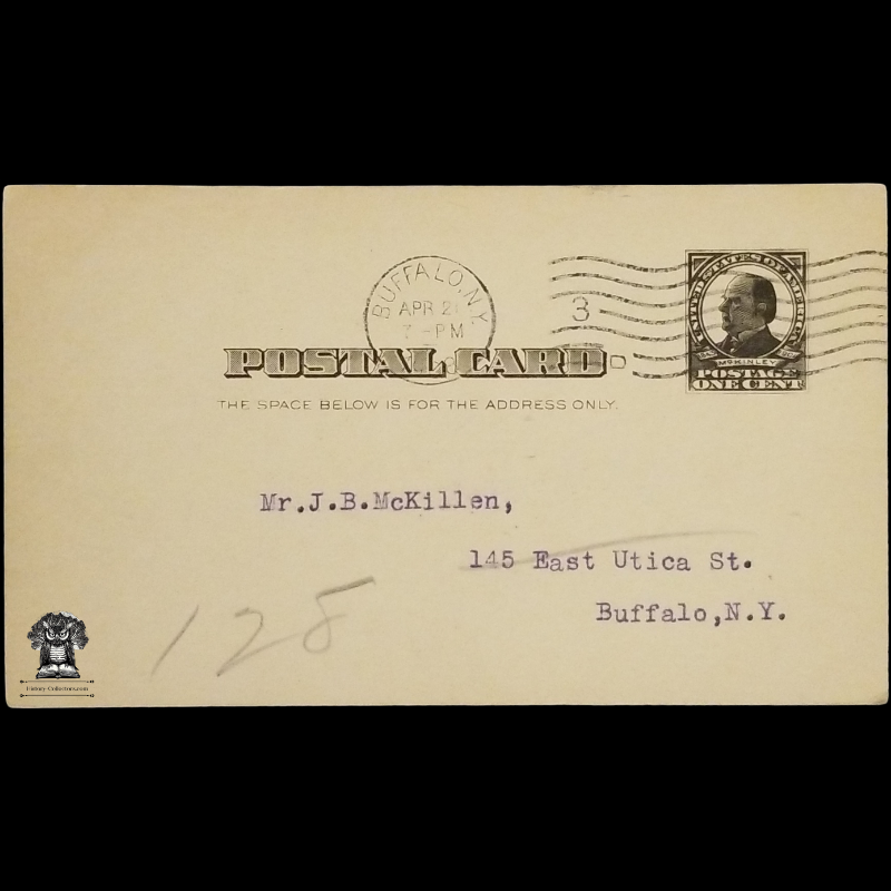 1908 Zuleika Grotto Drill Corps Announcement Postal Card - JB McKillen - 145 E Utica St - Buffalo NY - Harmonia Hall - 264 Genesee St - FH Holtz - HB Wells - One Cent McKinley Black Square Scott UX19 - Duplex Postal Cancel April 21 - Postcard