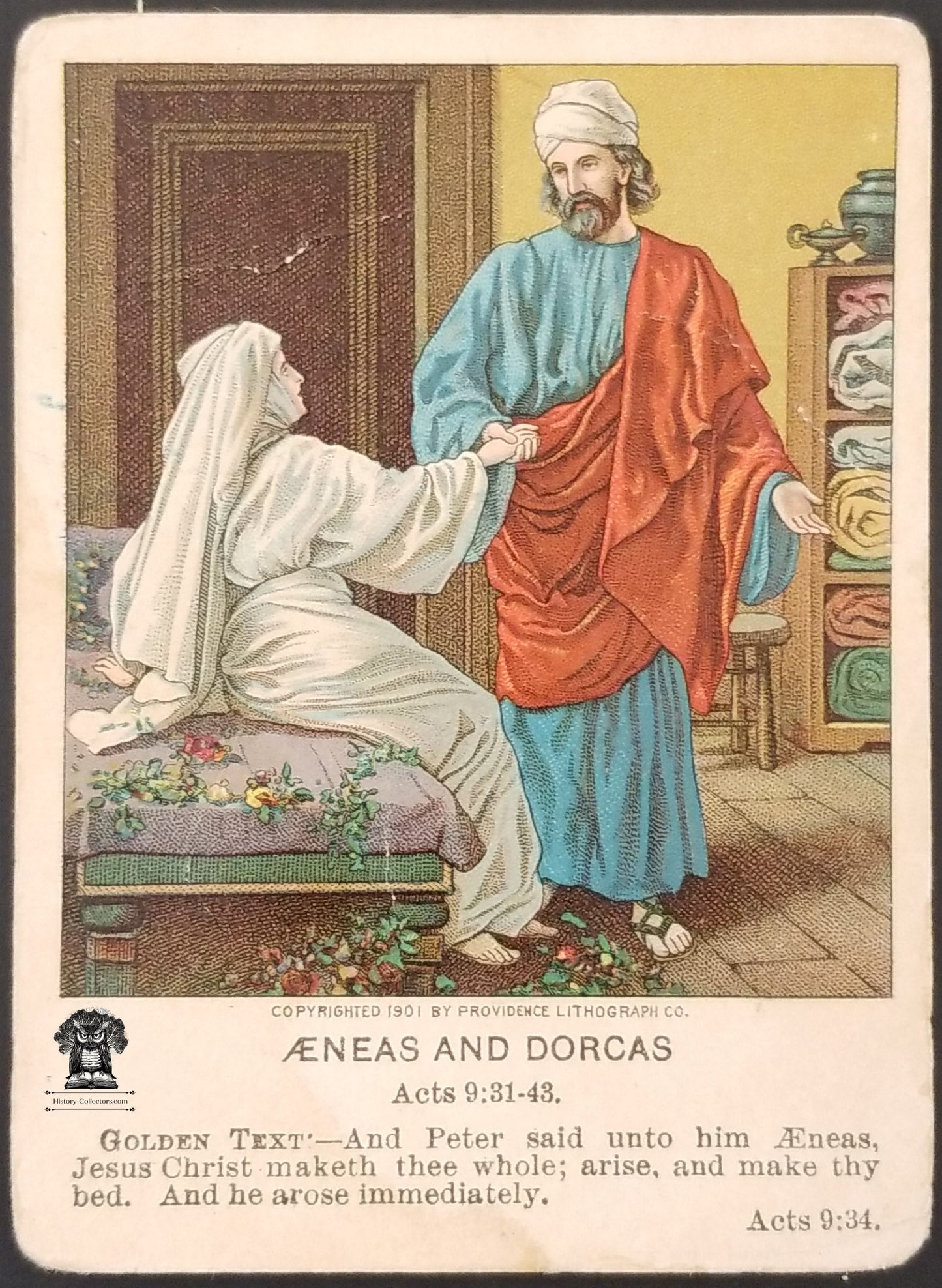 1909 Christian Picture Lesson Card Bible Bookmark - Acts 9:31-43 Eneas & Dorcas