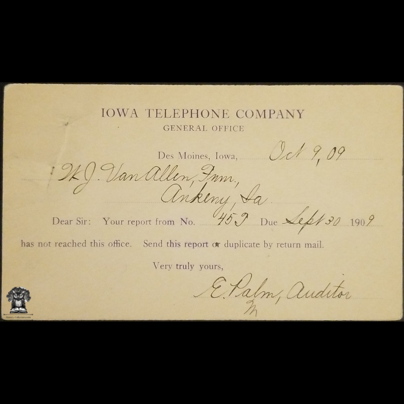 1909 Iowa Telephone Company Usage Audit Request Postal Card - Van Allen - Ankeny Iowa - Des Moines Iowa - One Cent McKinley Square Black Scott UX19 - Machine Duplex Postal Cancel October 9 - Postcard