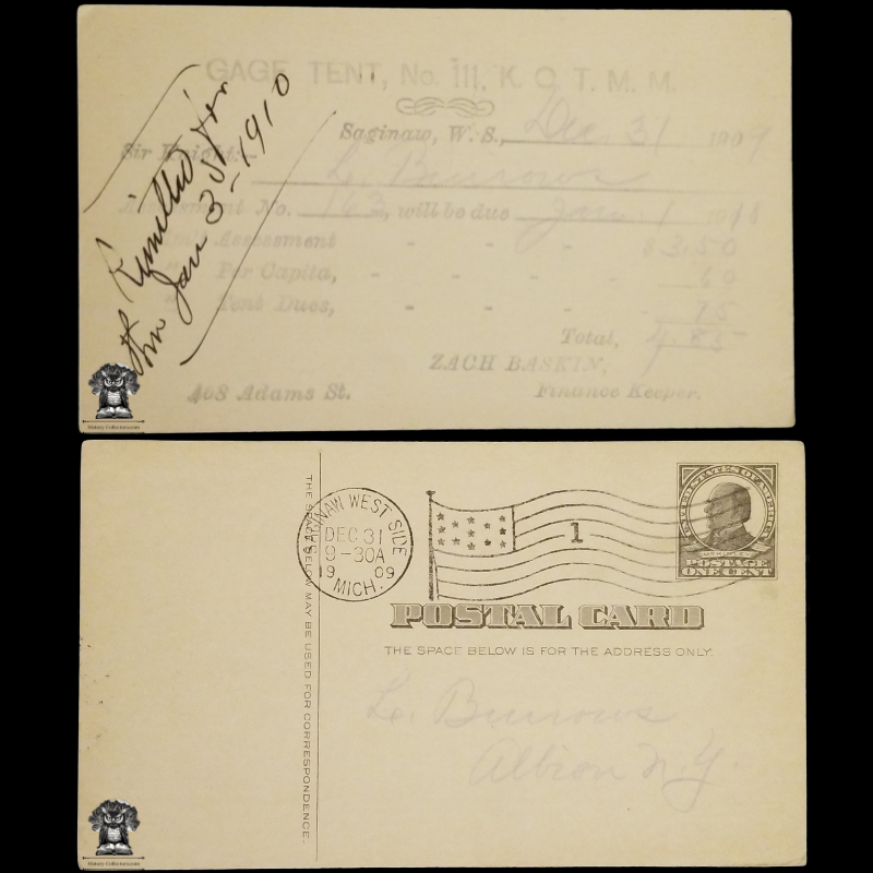 1909 Knights Of The Modern Maccabees Postal Card - Gage Tent No 111 - Saginaw West Side Michigan - One Cent McKinley Square Black Scott UX19 - Albion New York - Duplex Postal American Flag Cancel December 31 New Years Eve - Postcard