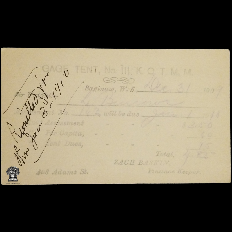 1909 Knights Of The Modern Maccabees Postal Card - Gage Tent No 111 - Saginaw West Side Michigan - One Cent McKinley Square Black Scott UX19 - Albion New York - Duplex Postal American Flag Cancel December 31 New Years Eve - Postcard