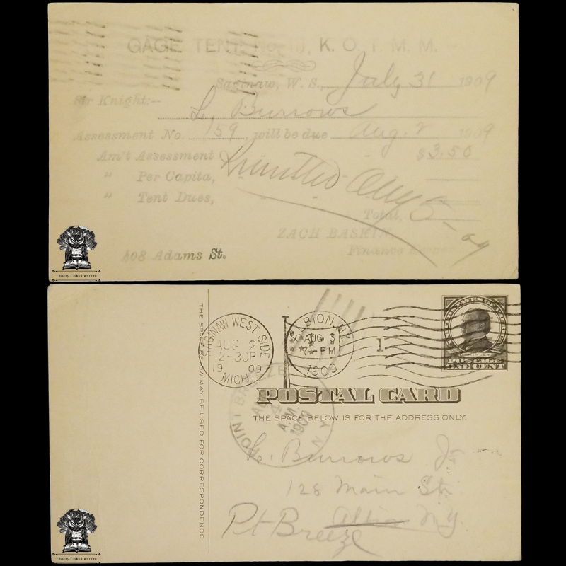 1909 Knights Of The Modern Maccabees Postal Card - Gage Tent No 111 - Saginaw West Side Michigan - One Cent McKinley Square Black Scott UX19 - Albion Point Breeze New York - Duplex Postal American Flag Multiple Cancel April 31 - Postcard