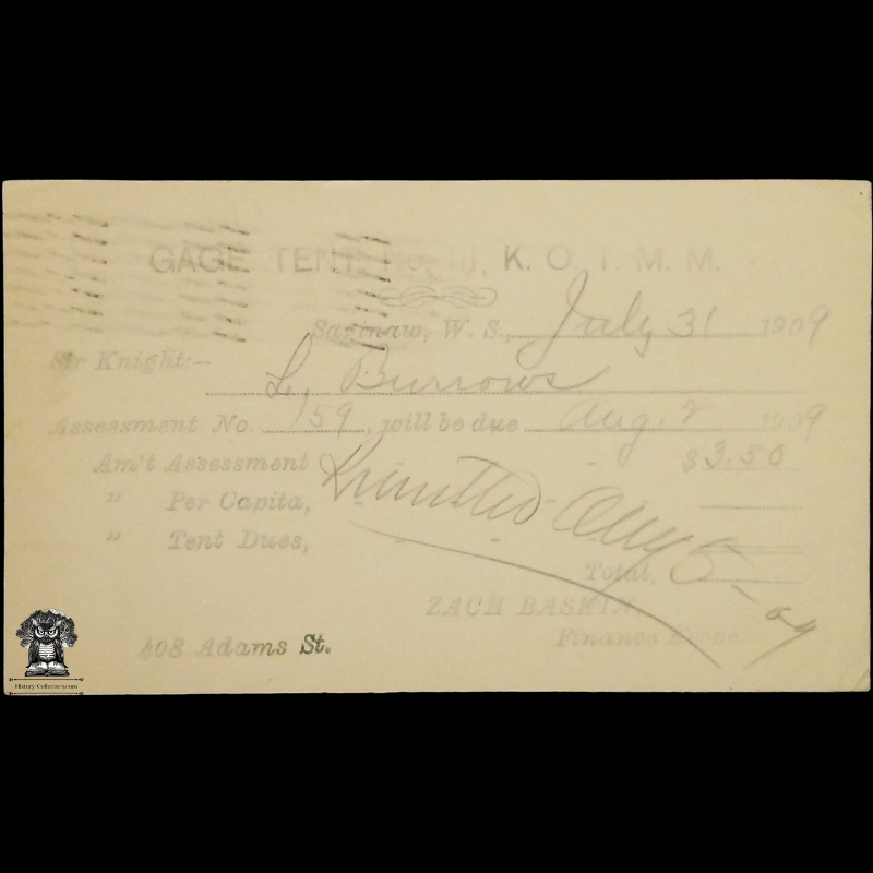 1909 Knights Of The Modern Maccabees Postal Card - Gage Tent No 111 - Saginaw West Side Michigan - One Cent McKinley Square Black Scott UX19 - Albion Point Breeze New York - Duplex Postal American Flag Multiple Cancel April 31 - Postcard