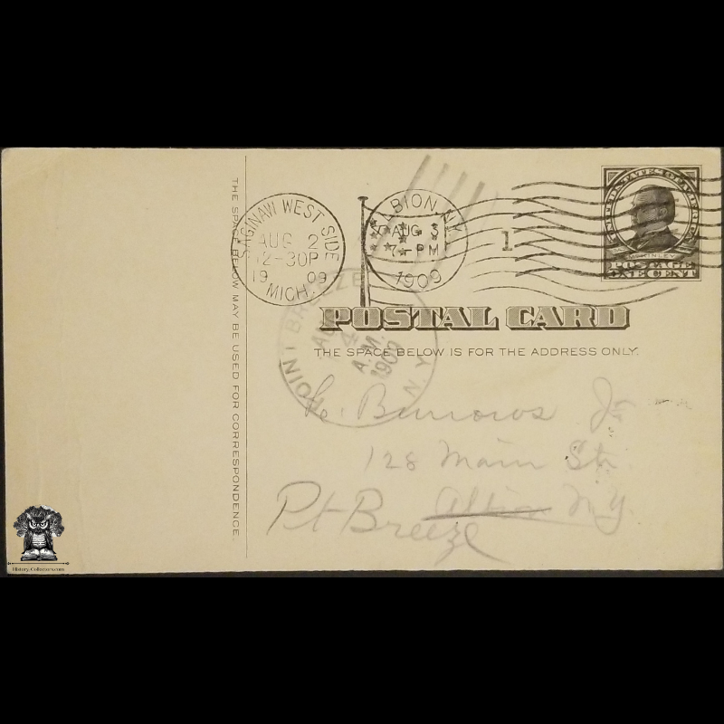 1909 Knights Of The Modern Maccabees Postal Card - Gage Tent No 111 - Saginaw West Side Michigan - One Cent McKinley Square Black Scott UX19 - Albion Point Breeze New York - Duplex Postal American Flag Multiple Cancel April 31 - Postcard