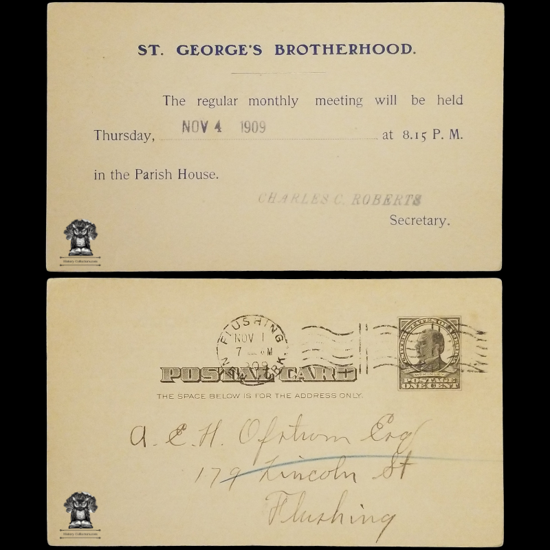 1909 St George's Brotherhood Meeting Announcement Postal Card - Episcopal Church - Flushing Queens New York - One Cent McKinley Black Square Scott UX19 - Postal Cancel November 1 - Postcard