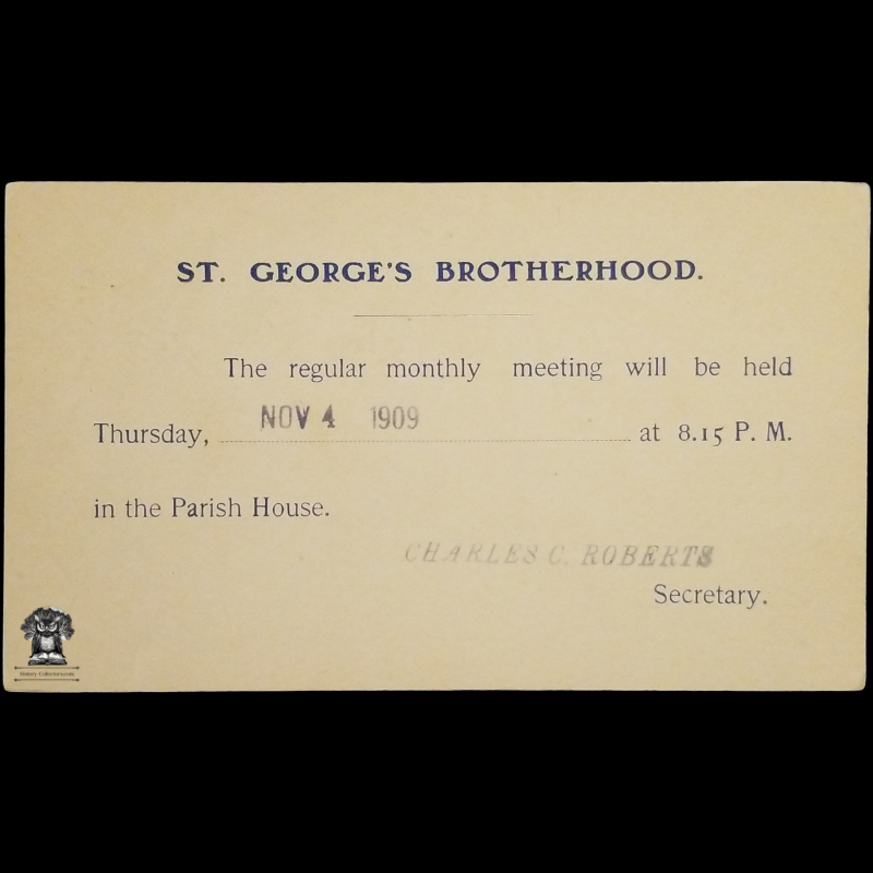 1909 St George's Brotherhood Meeting Announcement Postal Card - Episcopal Church - Flushing Queens New York - One Cent McKinley Black Square Scott UX19 - Postal Cancel November 1 - Postcard