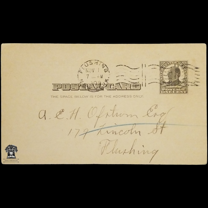 1909 St George's Brotherhood Meeting Announcement Postal Card - Episcopal Church - Flushing Queens New York - One Cent McKinley Black Square Scott UX19 - Postal Cancel November 1 - Postcard